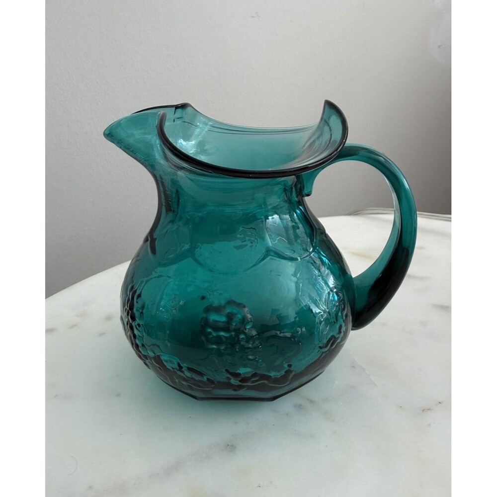 Vintage Italian Art Glass Pitcher 4.5” Grape Leaf Hand Blown Italy Teal